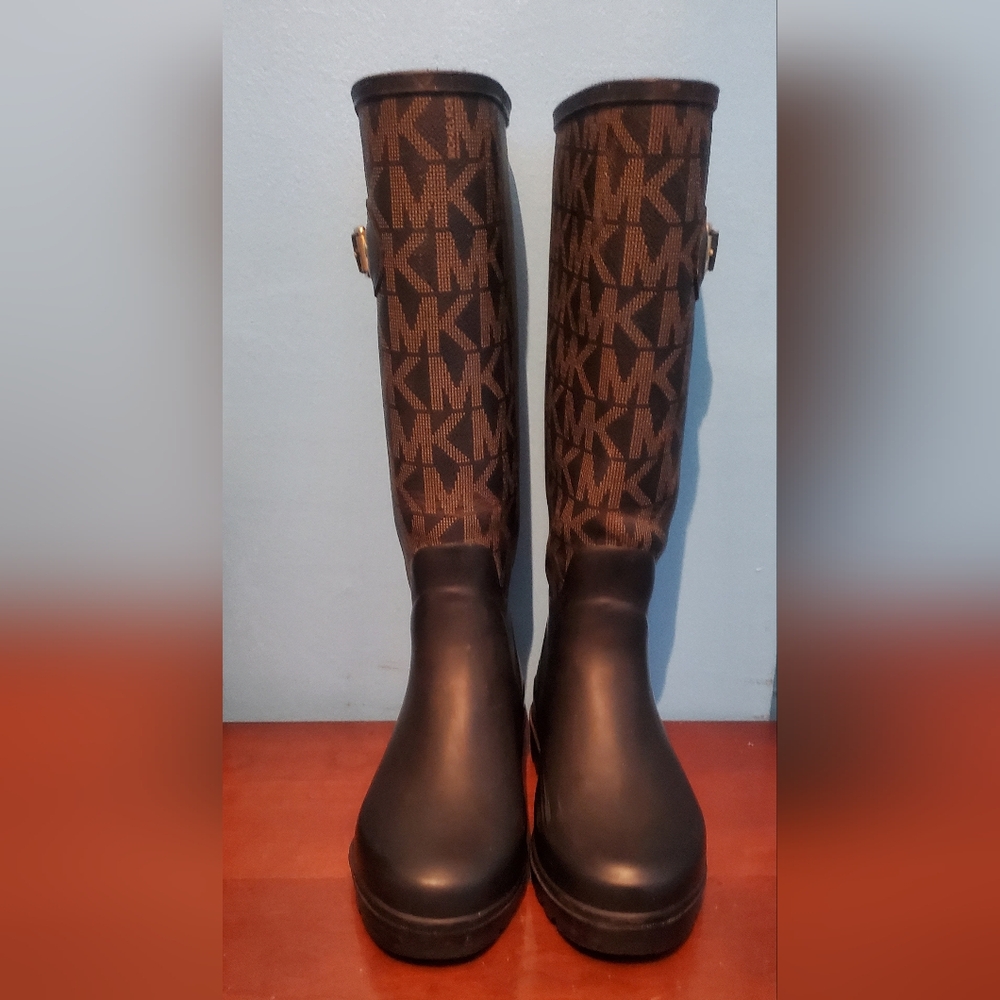 Michael Kors Black and Tan Logo Rain Boots